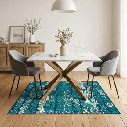 Blue Teal Swirling Waves Area Rug