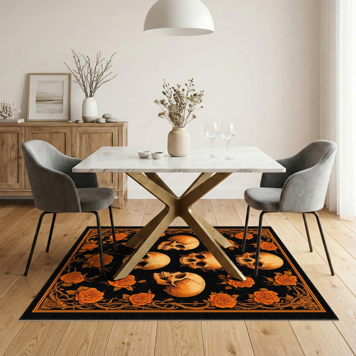 Orange Skull Rose Vintage Floral Rug