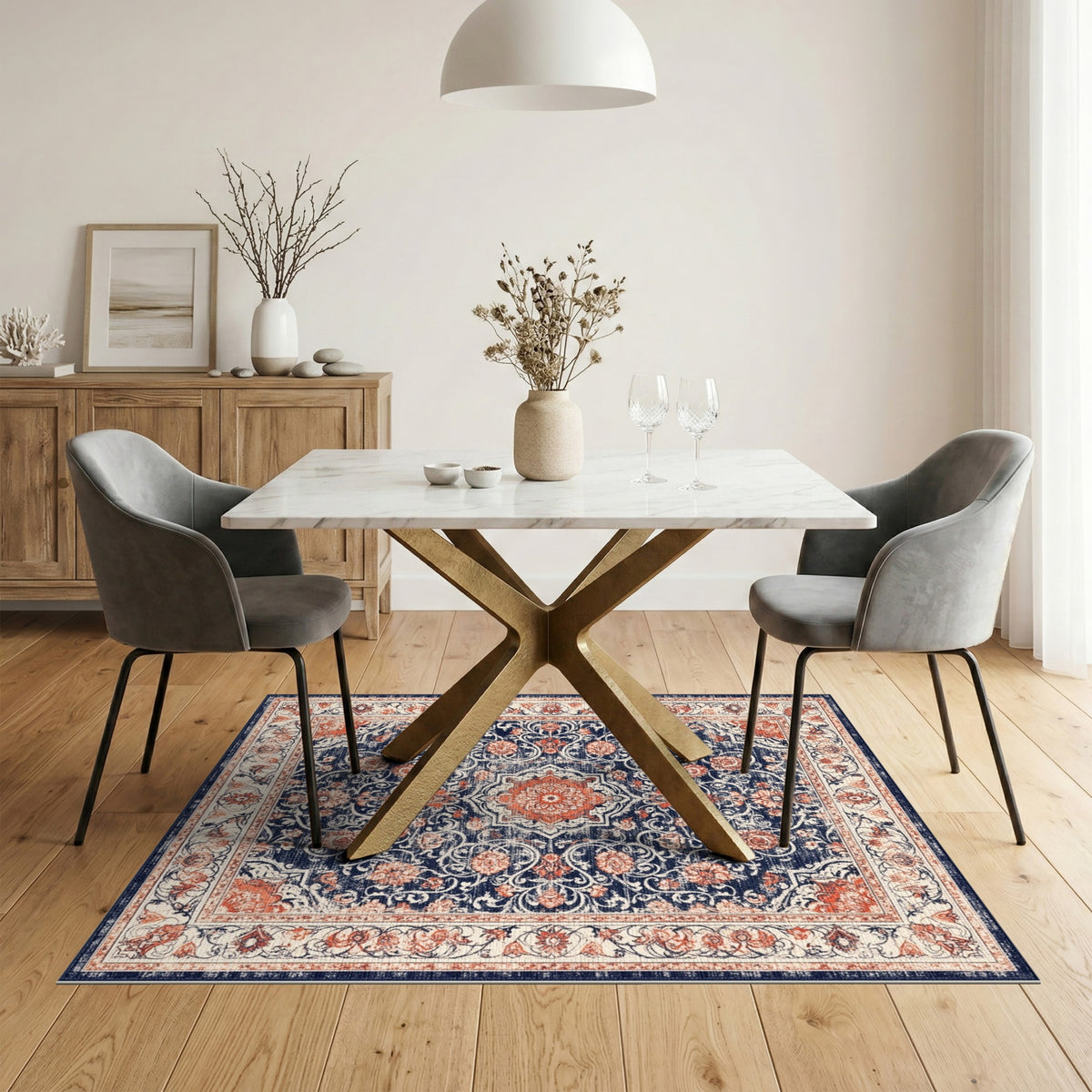 Distressed Blue Floral Medallion Area Rug