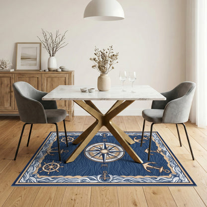 Coastal Beach Blue Nautical Compass Anchor Area Rug