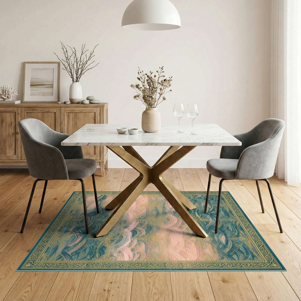 Blue Teal Floral Wave Vintage Area Rug