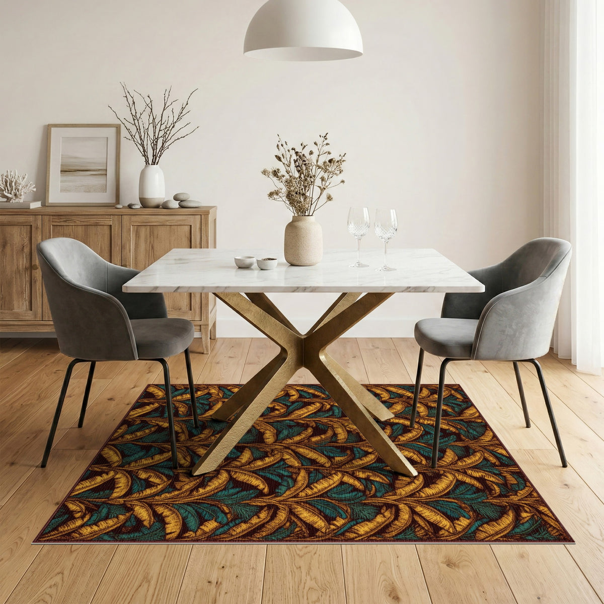 Gold Teal Leaf Boho Area Rug