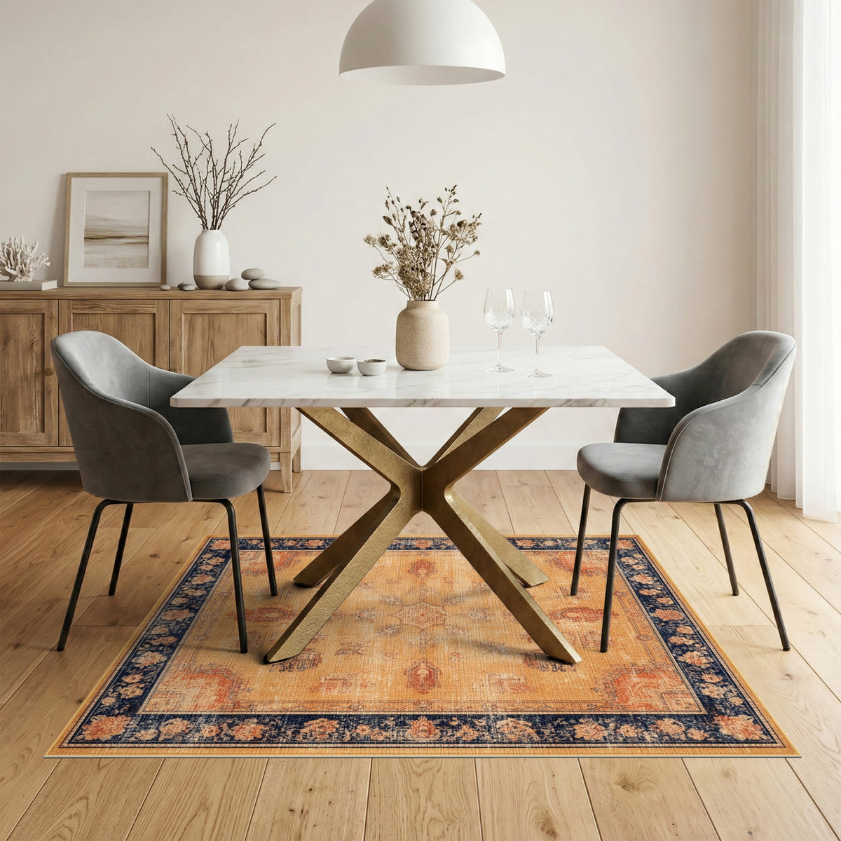 Beige Distressed Vintage Area Rug with Navy Border