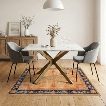 Beige Distressed Vintage Area Rug with Navy Border