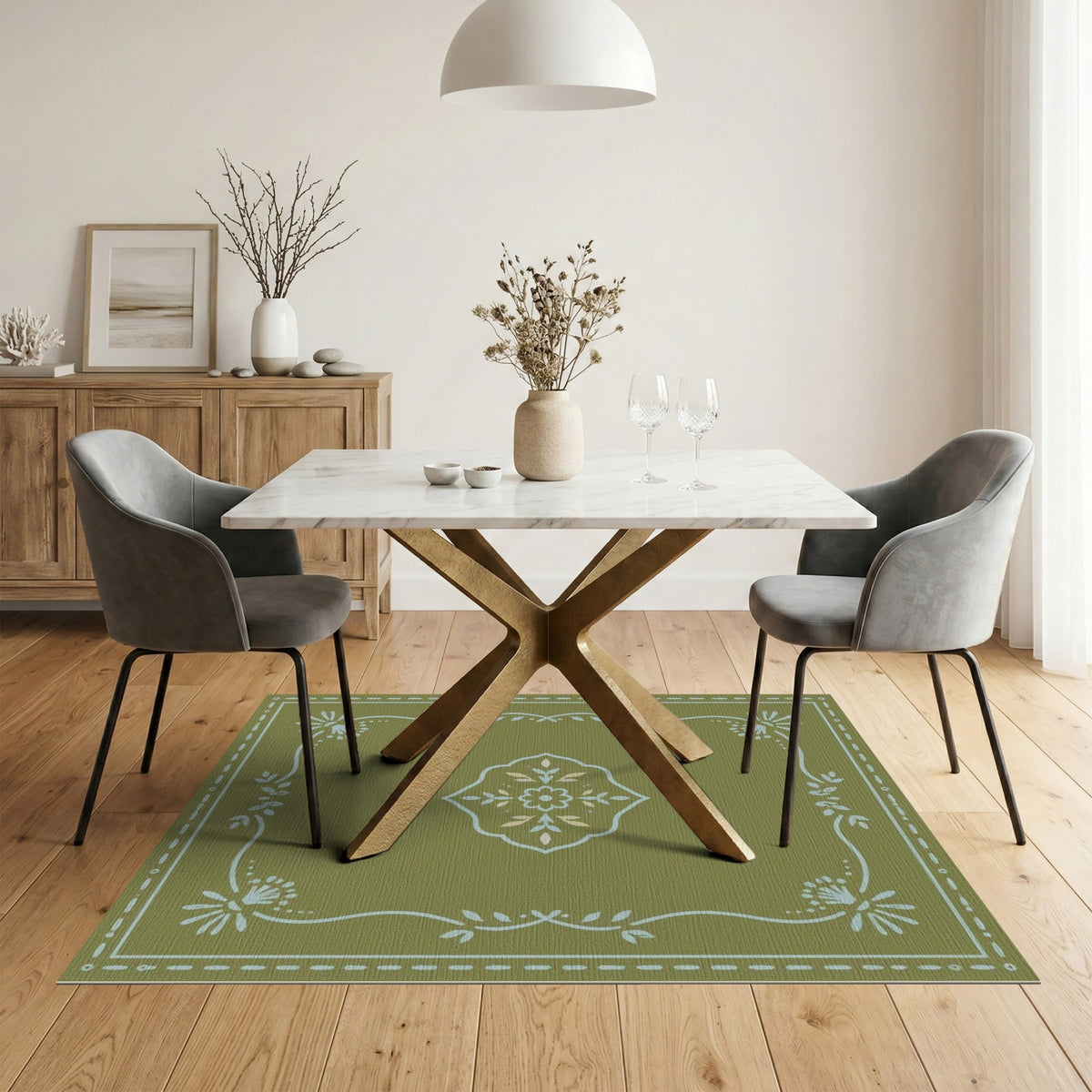 Sage Green Vintage Floral Medallion Rug