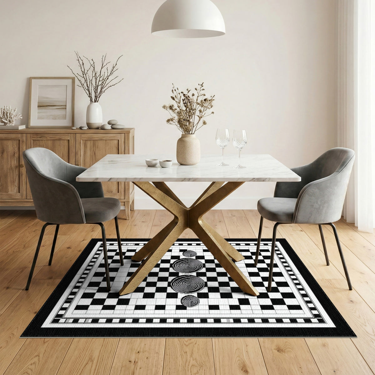 Black White Checkerboard Spiral Area Rug