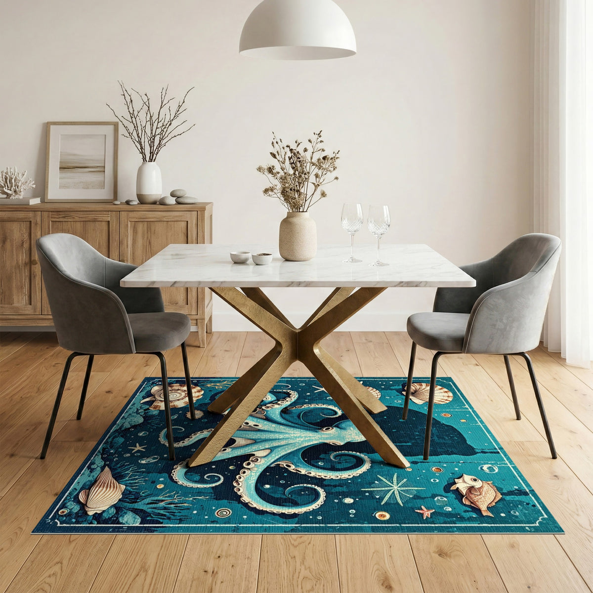 Coastal Beach Blue Octopus Coastal Area Rug