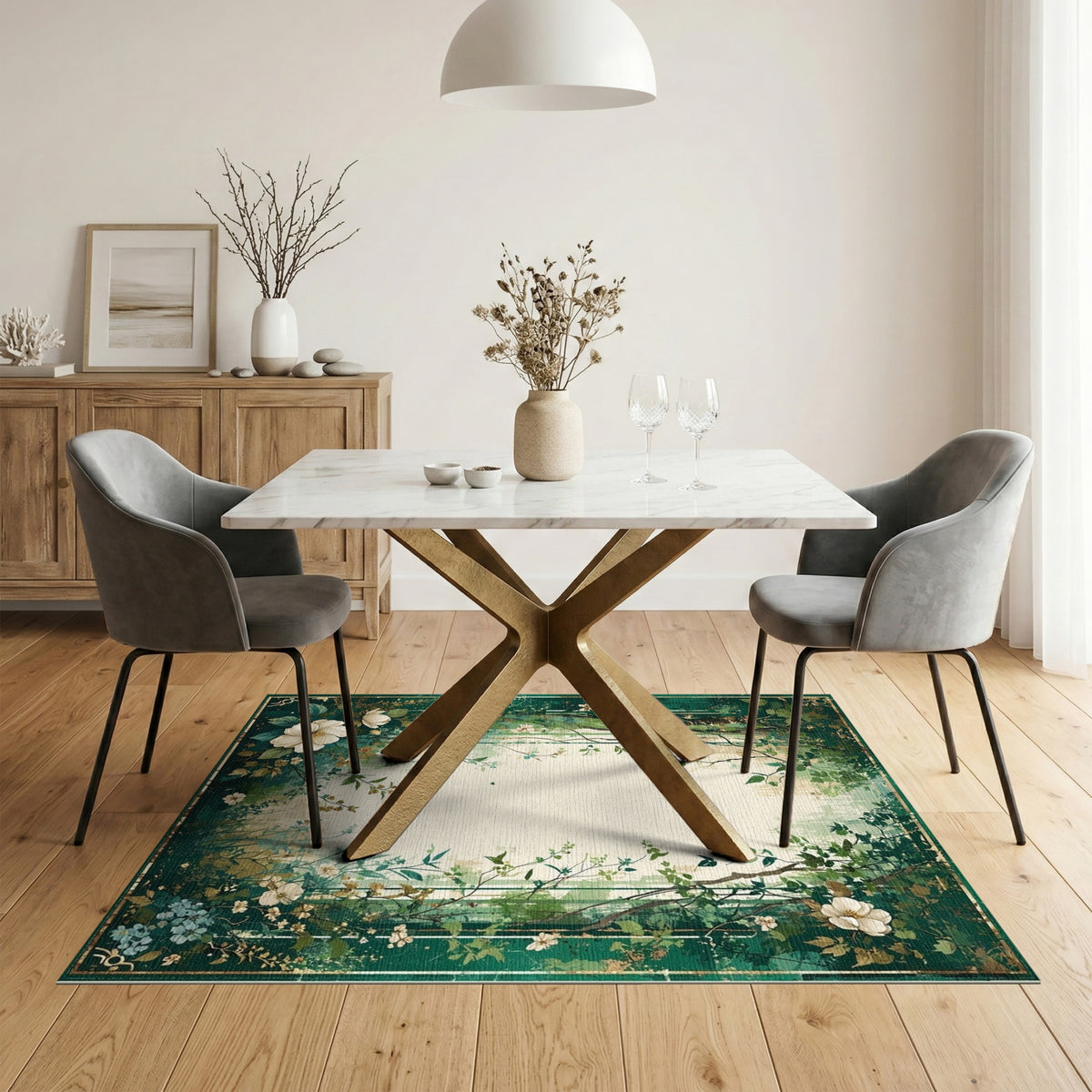 Green Floral Vintage Washable Floral Vintage Area Rug