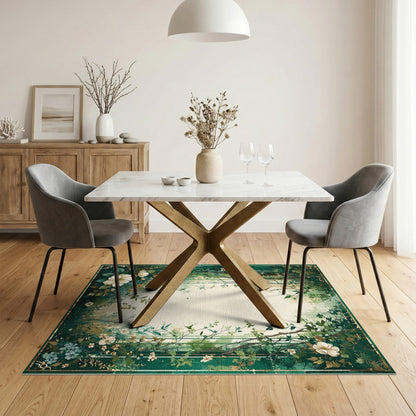 Green Floral Vintage Washable Floral Vintage Area Rug