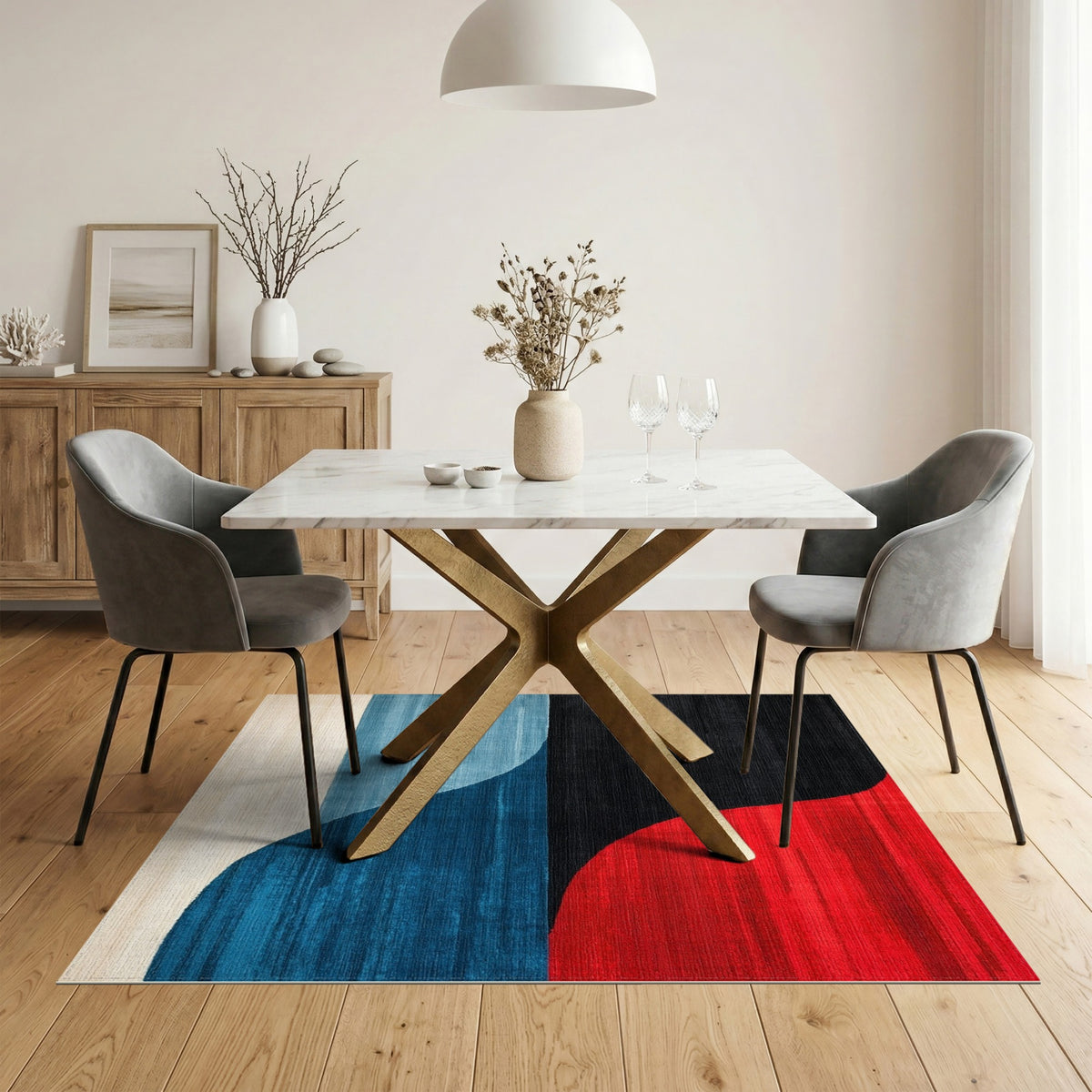 Bold Geometric Area Rug in Red Black Blue