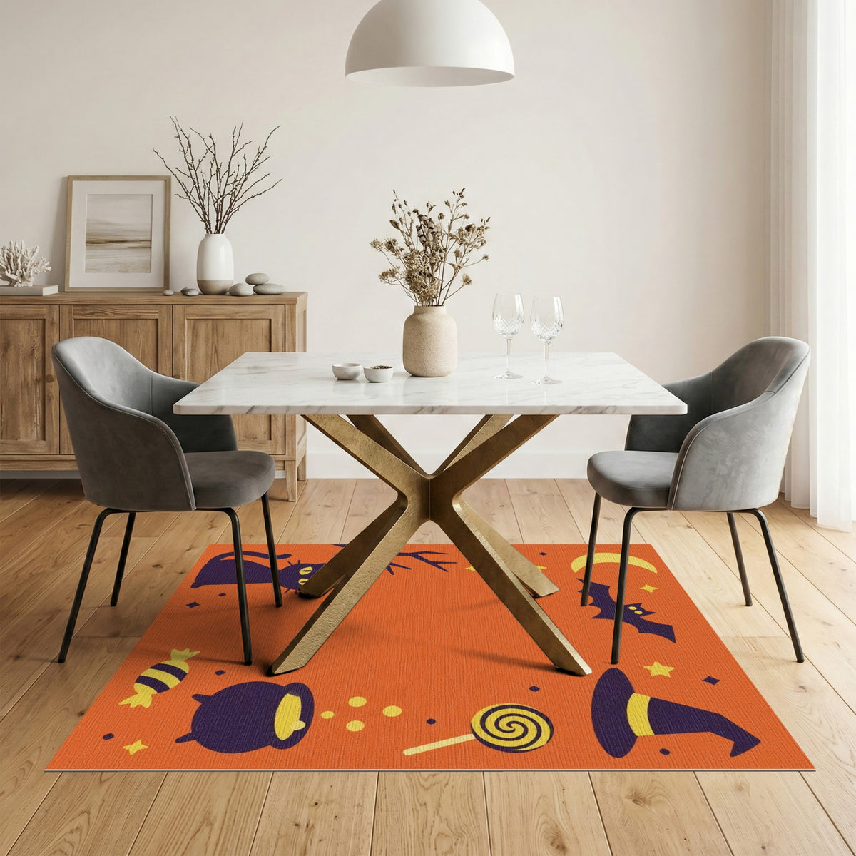 Orange Halloween Cat Bat Kids Cartoon Rug