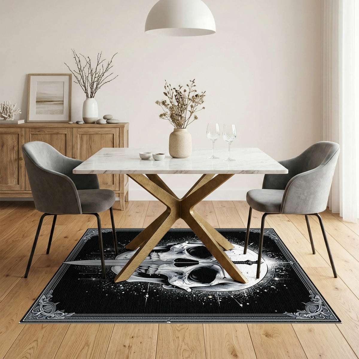 Gothic Skull Sword Black White Area Rug