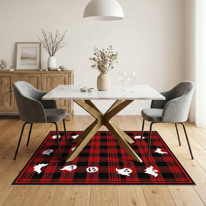 Red Plaid Halloween Ghost Bat Kids Rug