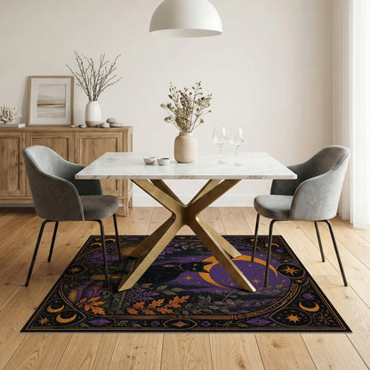 Mystical Black Cat Purple Moon Area Rug