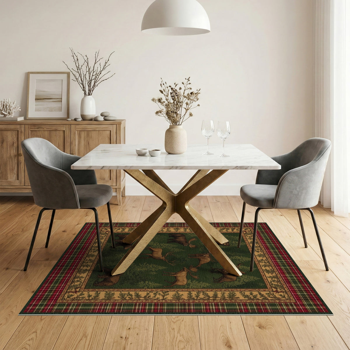 Rustic Bear Moose Forest Plaid Area Rug