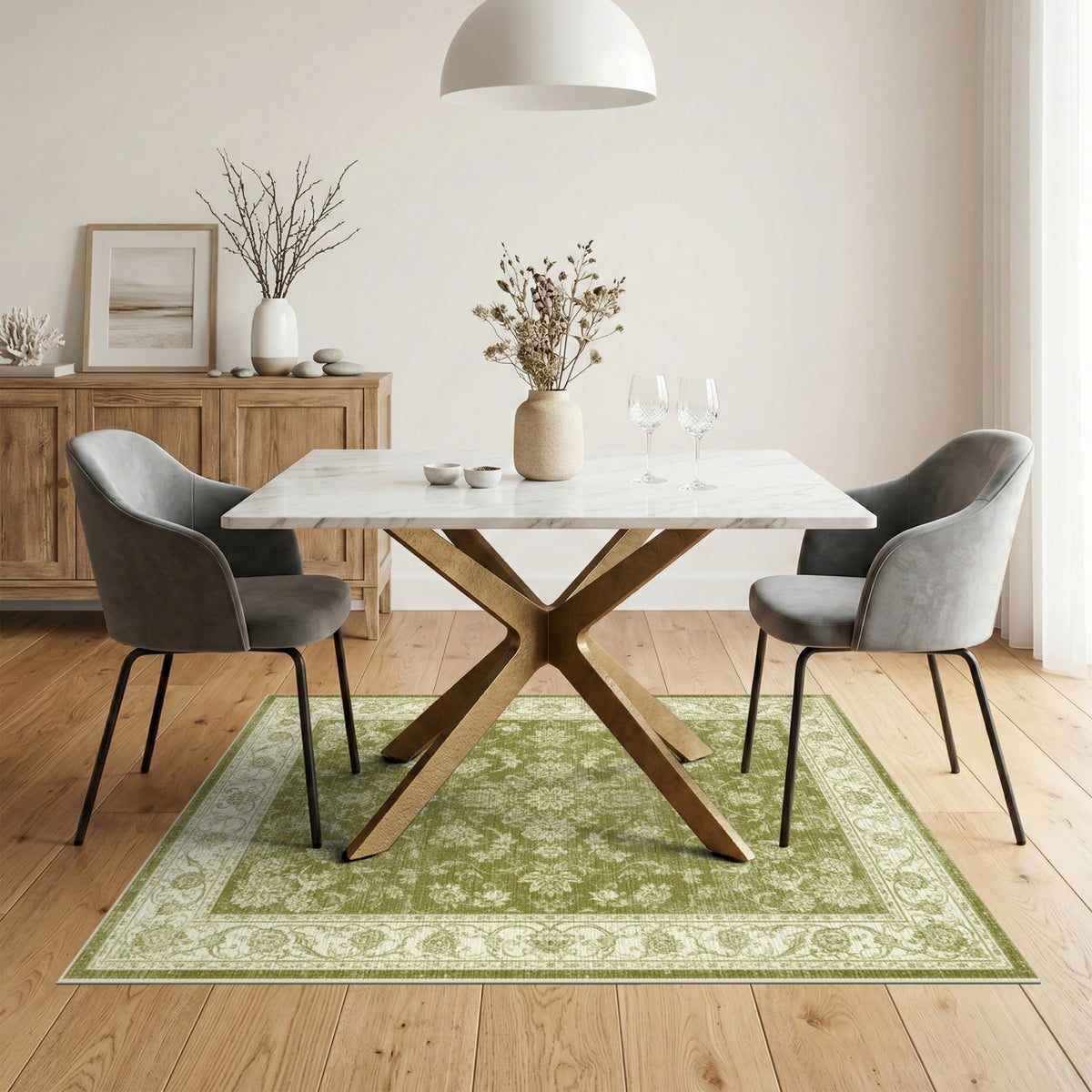 Green Floral Vintage Area Rug