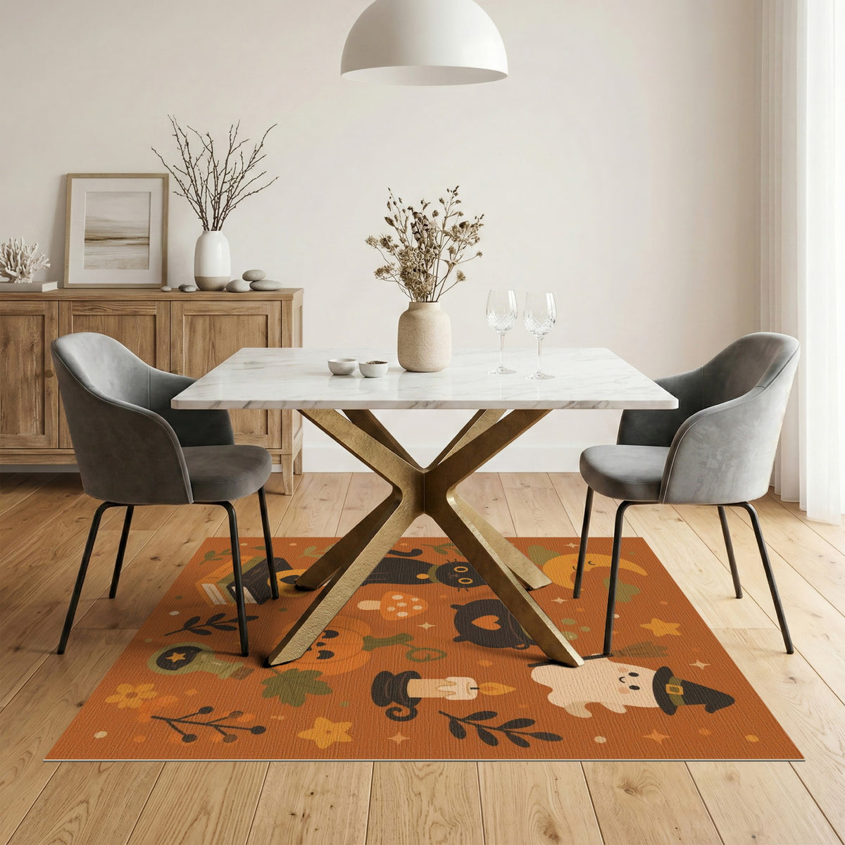 Halloween Orange Cartoon Rug with Black Cat and Pumpkin
