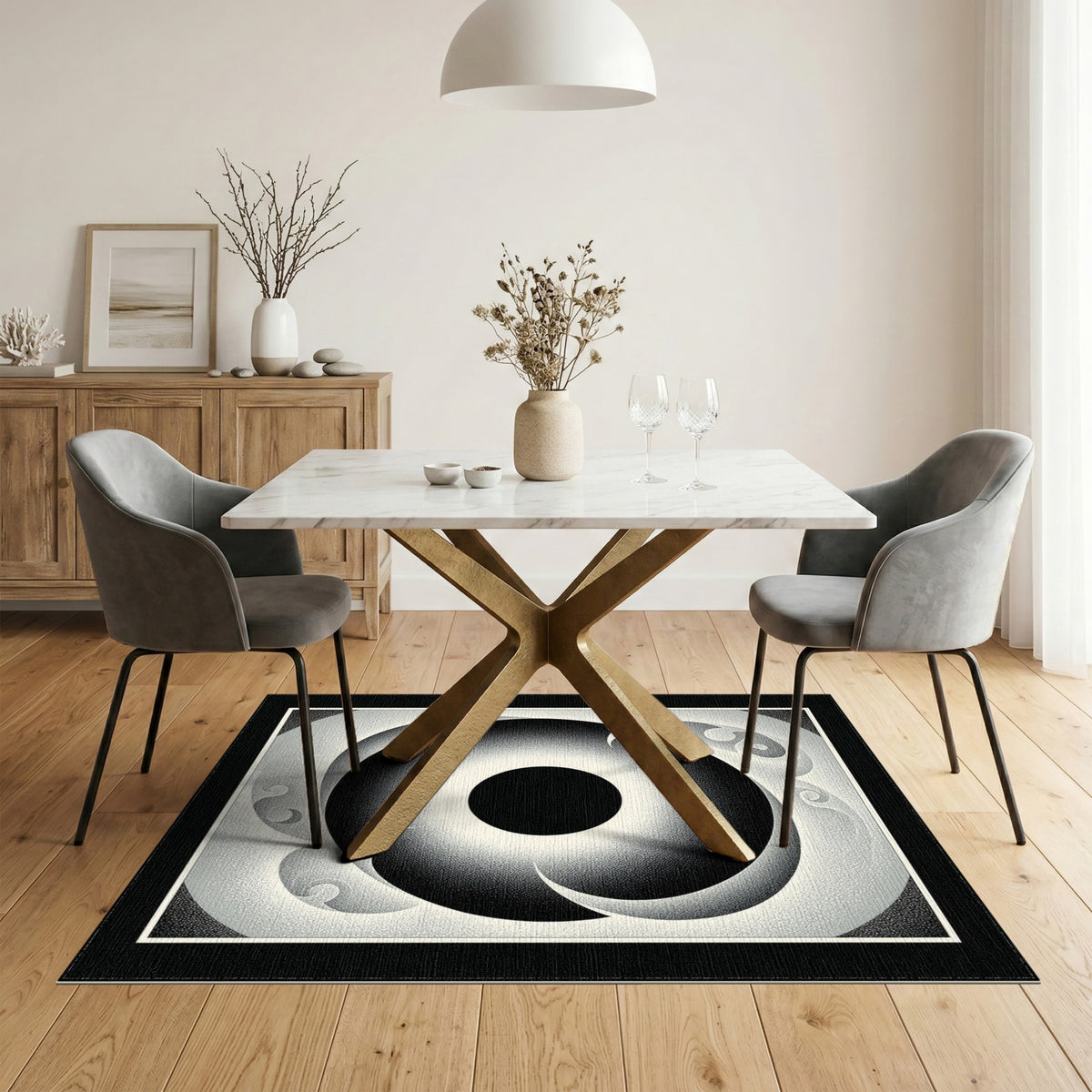 Black White Geometric Vortex Area Rug