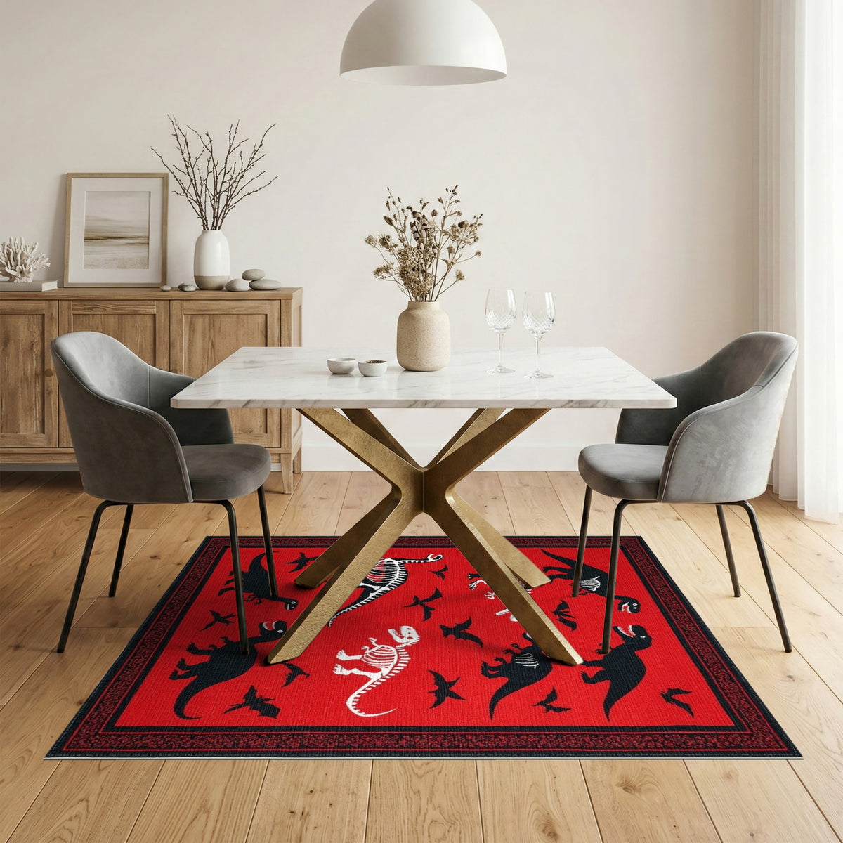 Red Dinosaur Skeleton Kids Area Rug