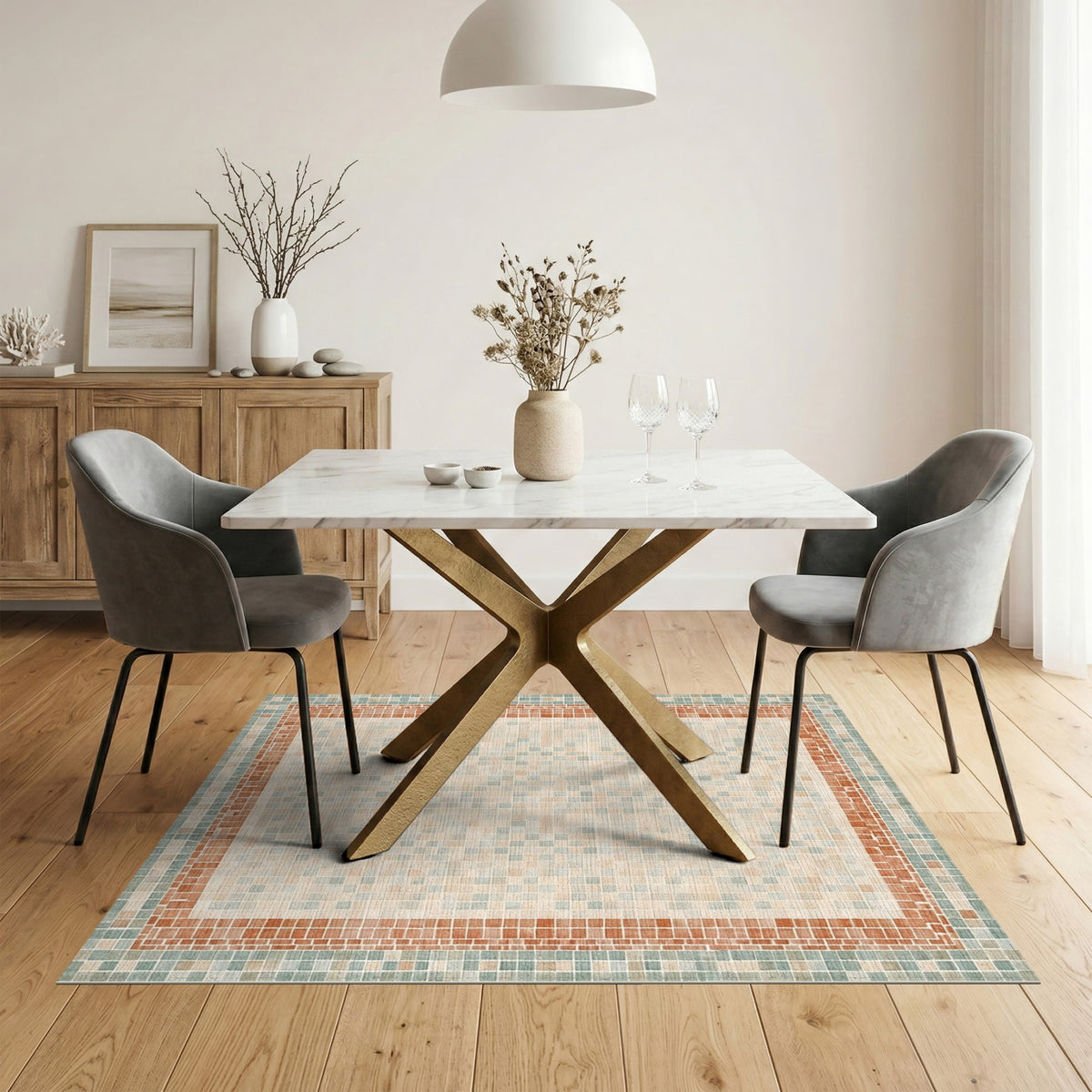 Beige Mosaic Tile Area Rug with Terracotta Border