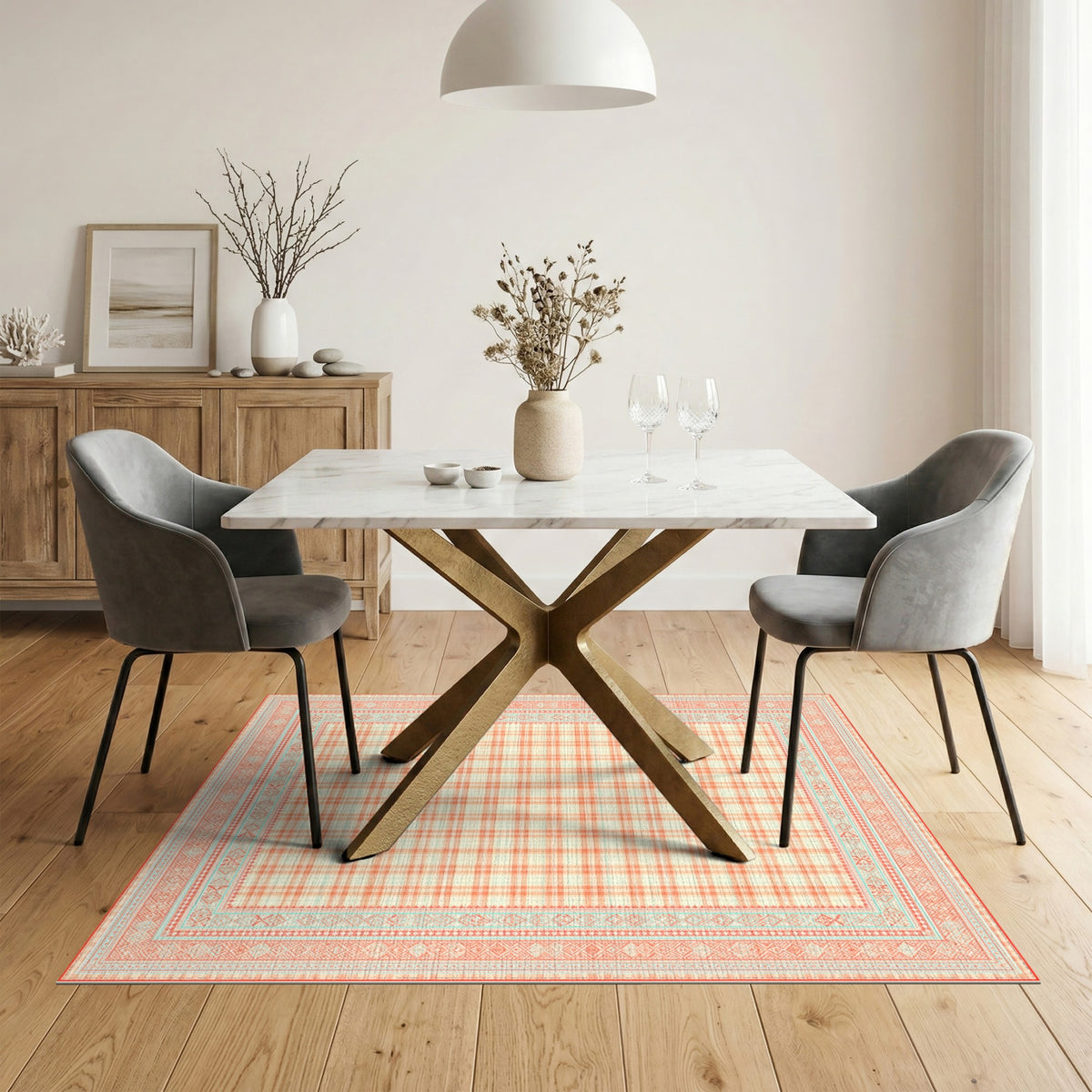Orange Gingham Area Rug with Teal Border