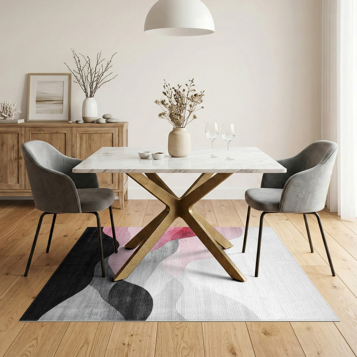 Abstract Pink Black Wave Area Rug