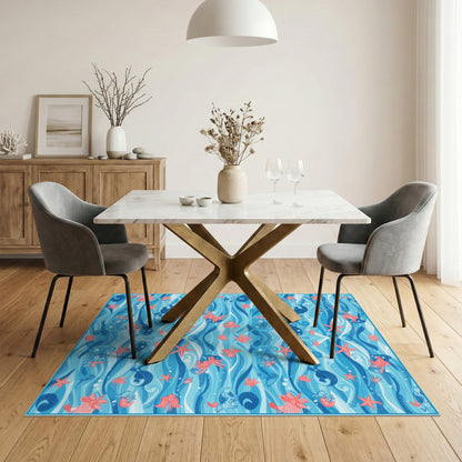 Blue Ocean Waves Sea Life Area Rug