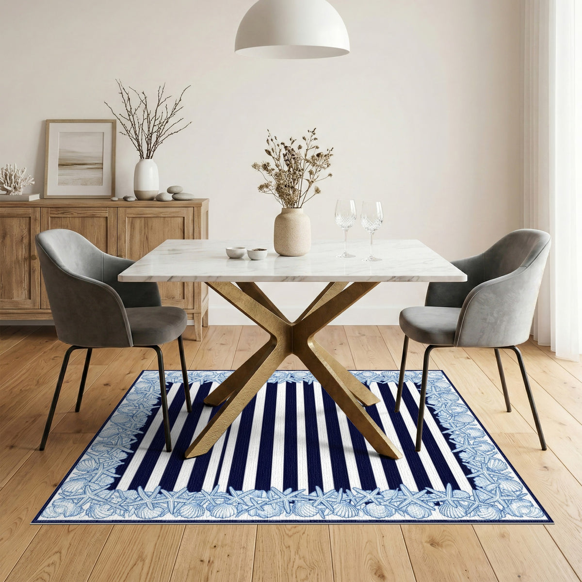Navy Striped Coastal Area Rug with Seashell Starfish Border