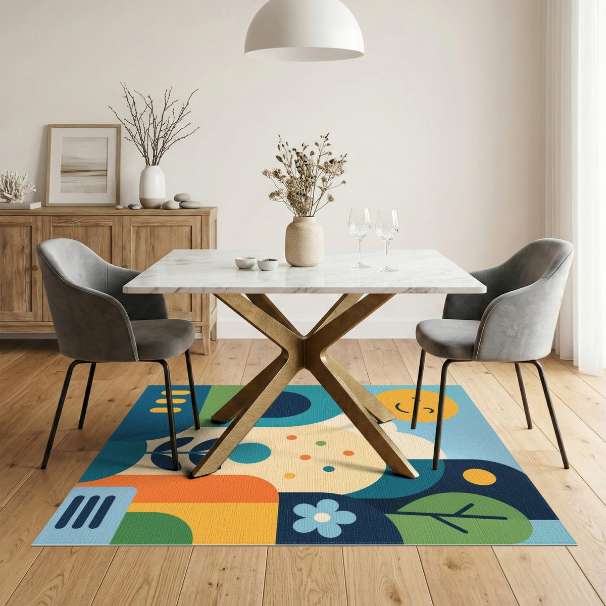 Smiling Sun Blue Teal Kids Cartoon Washable Area Rug