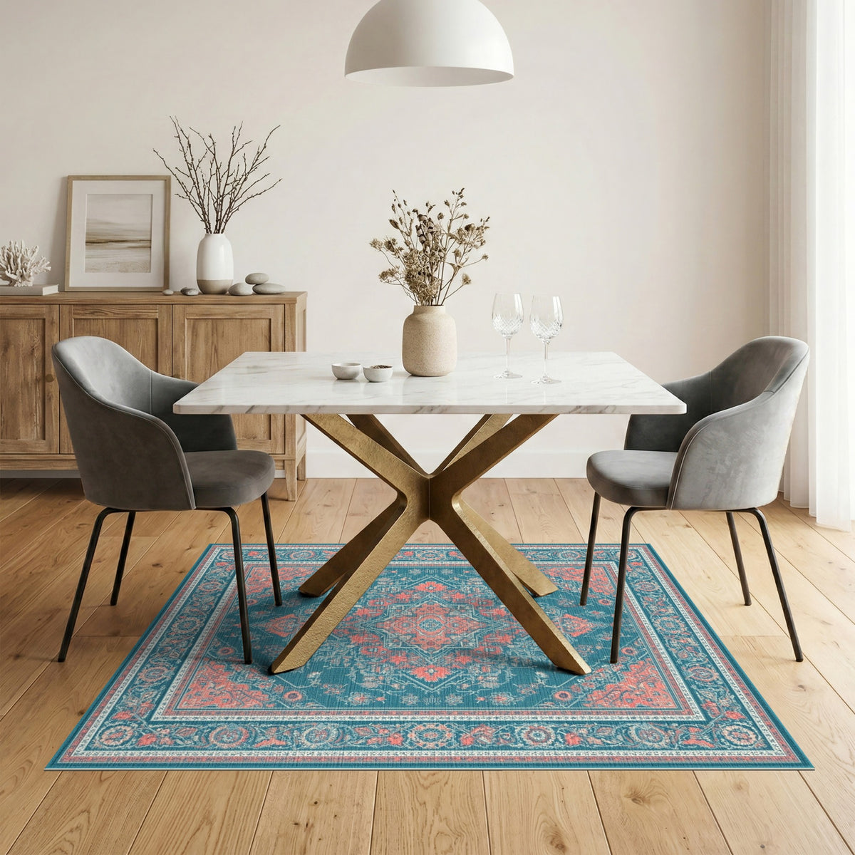 Teal Coral Traditional Persian Area Rug