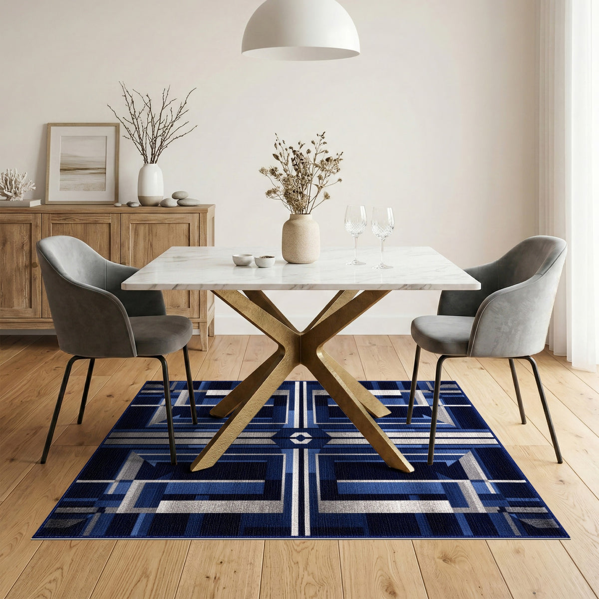 Navy Blue Silver Geometric Area Rug