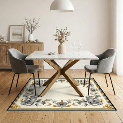Grey Floral Vintage Border Washable Area Rug