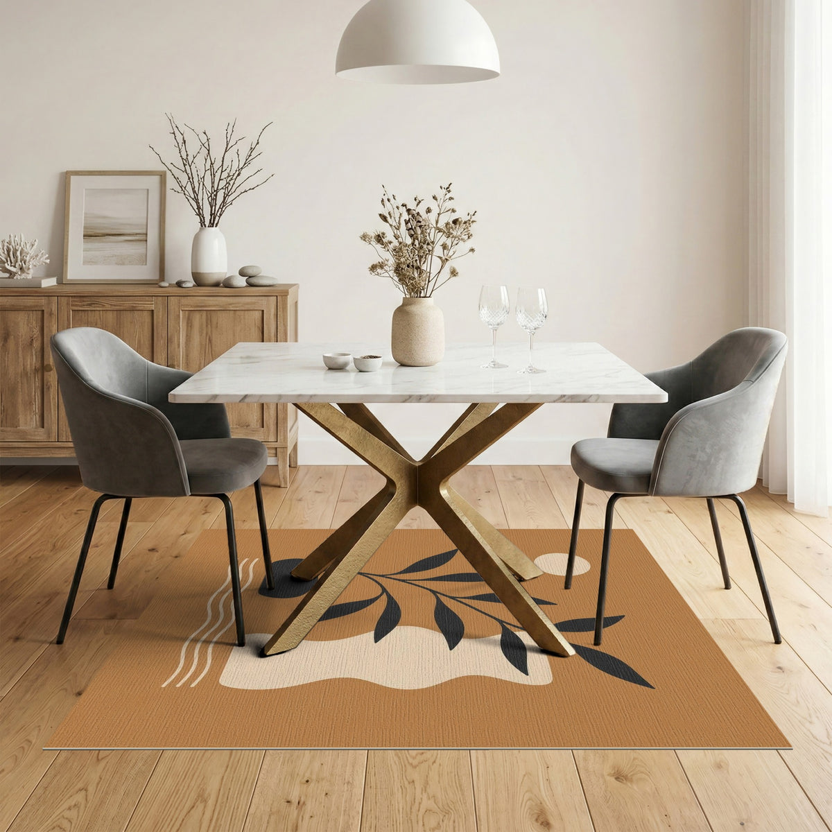 Abstract Plant Vase Area Rug in Brown Tan