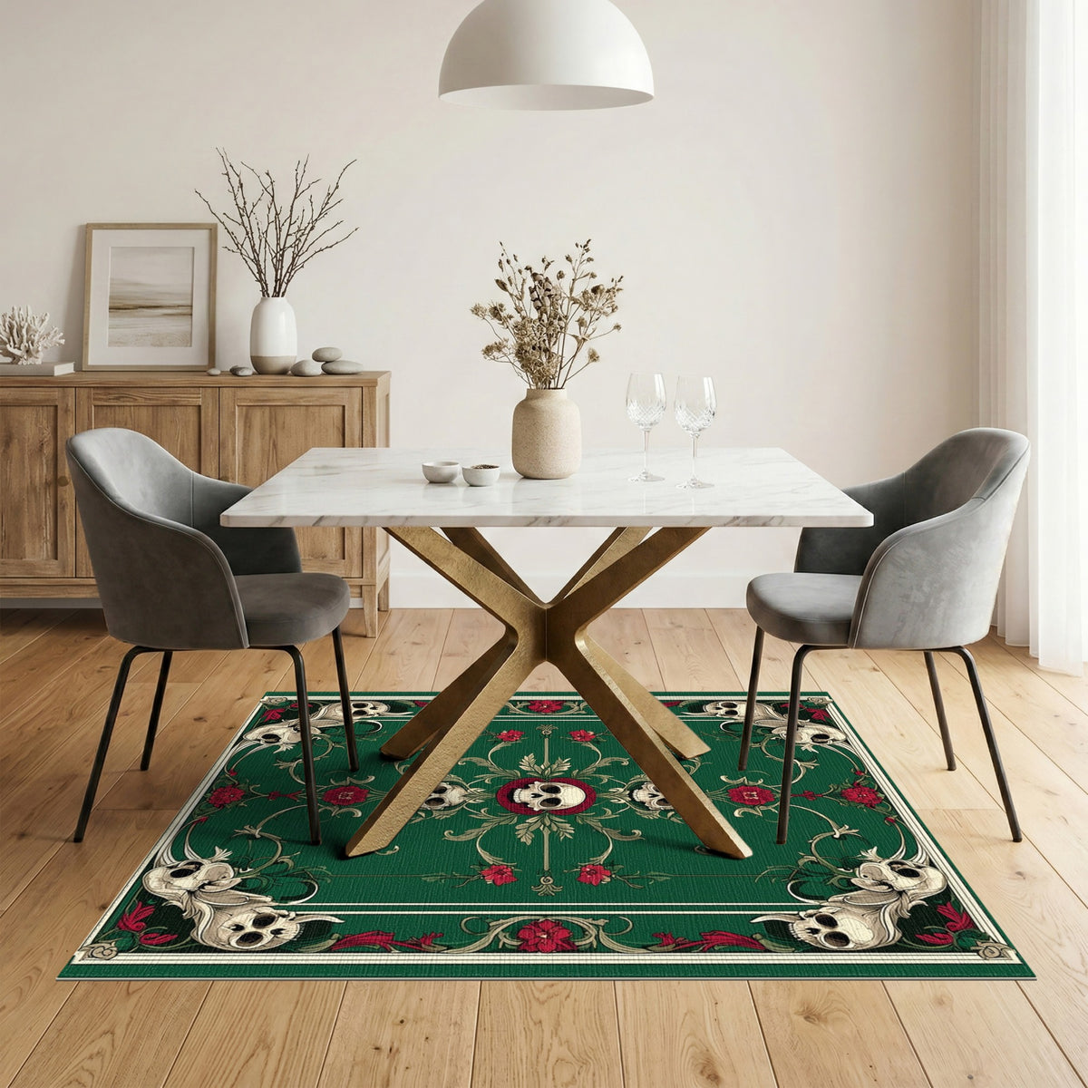 Dark Green Skull Floral Area Rug