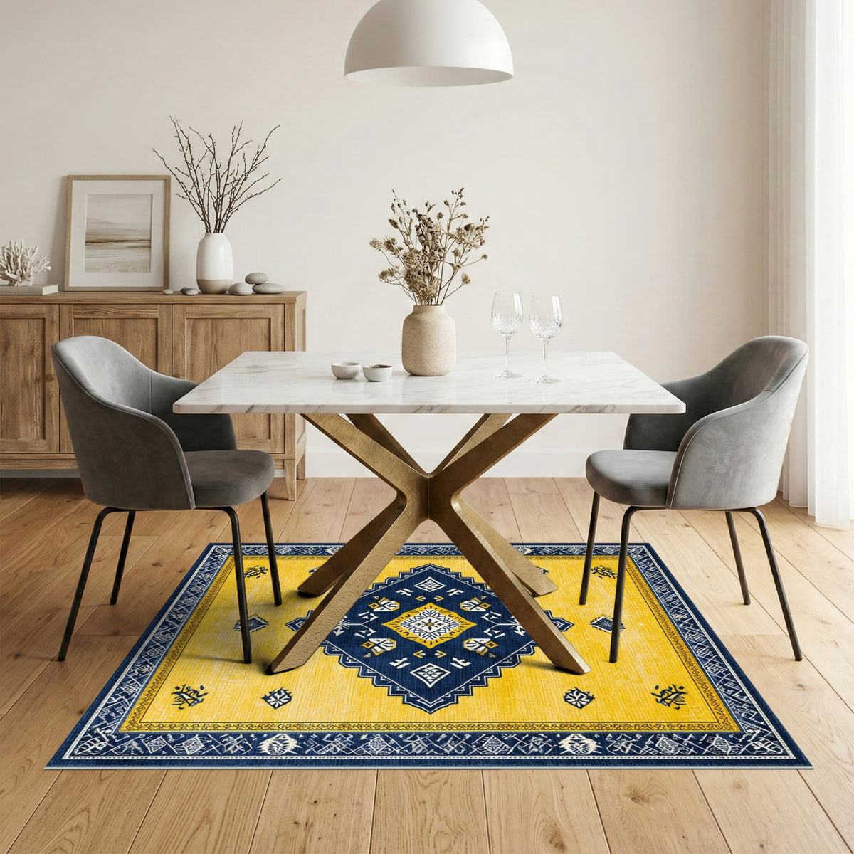Yellow Navy Geometric Diamond Area Rug