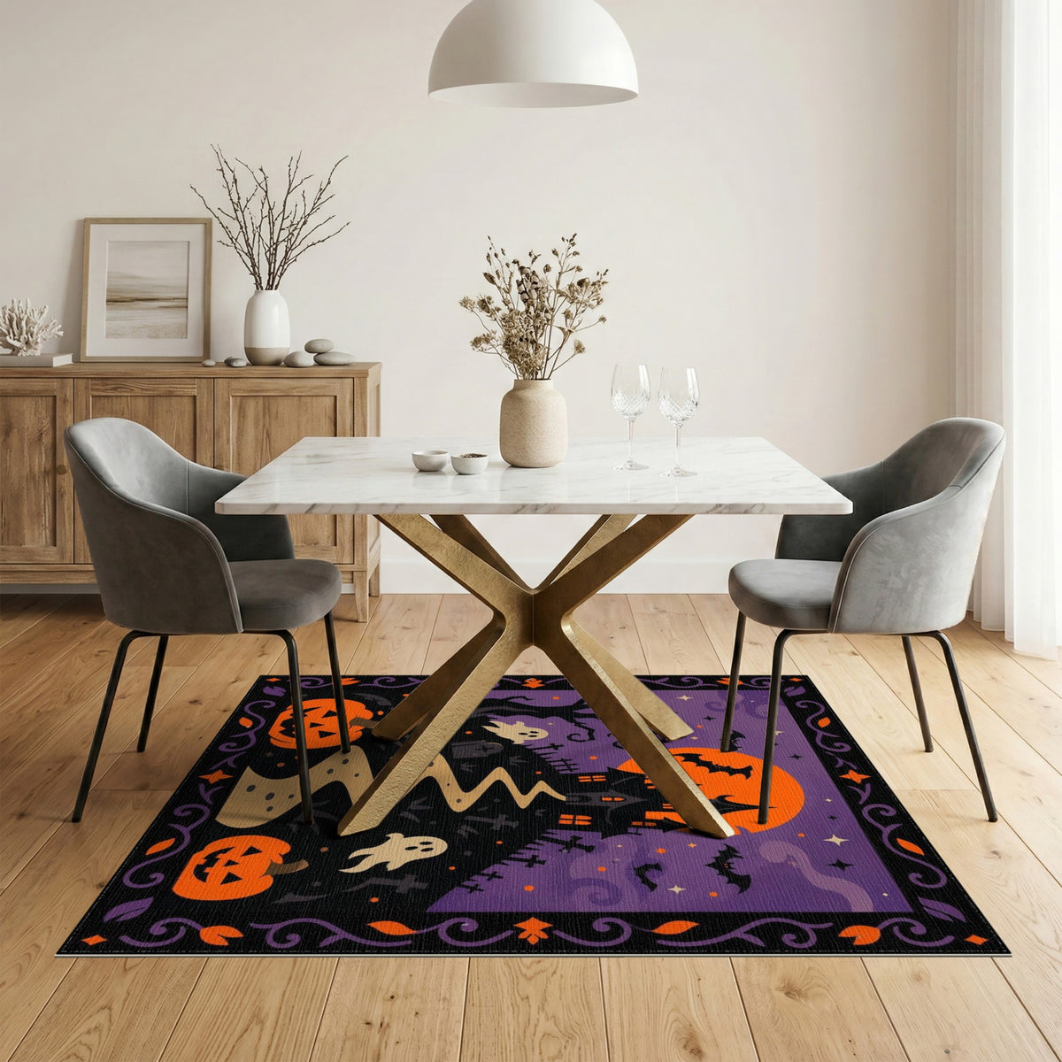 Spooky Halloween Haunted House Purple Area Rug