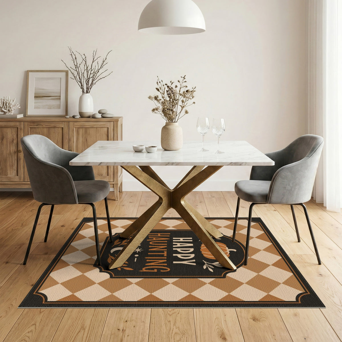 Happy Haunting Pumpkin Checkered Area Rug