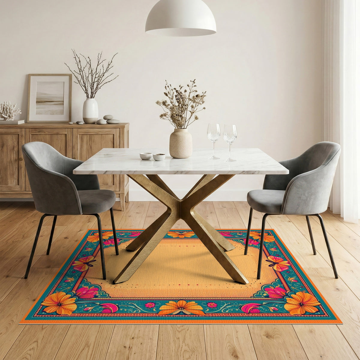 Vibrant Floral Butterfly Teal Border Area Rug