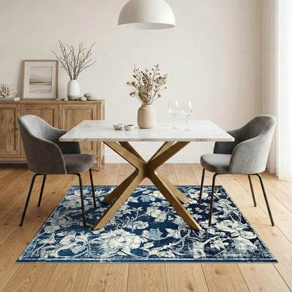 Navy Blue Floral Distressed Vintage Area Rug