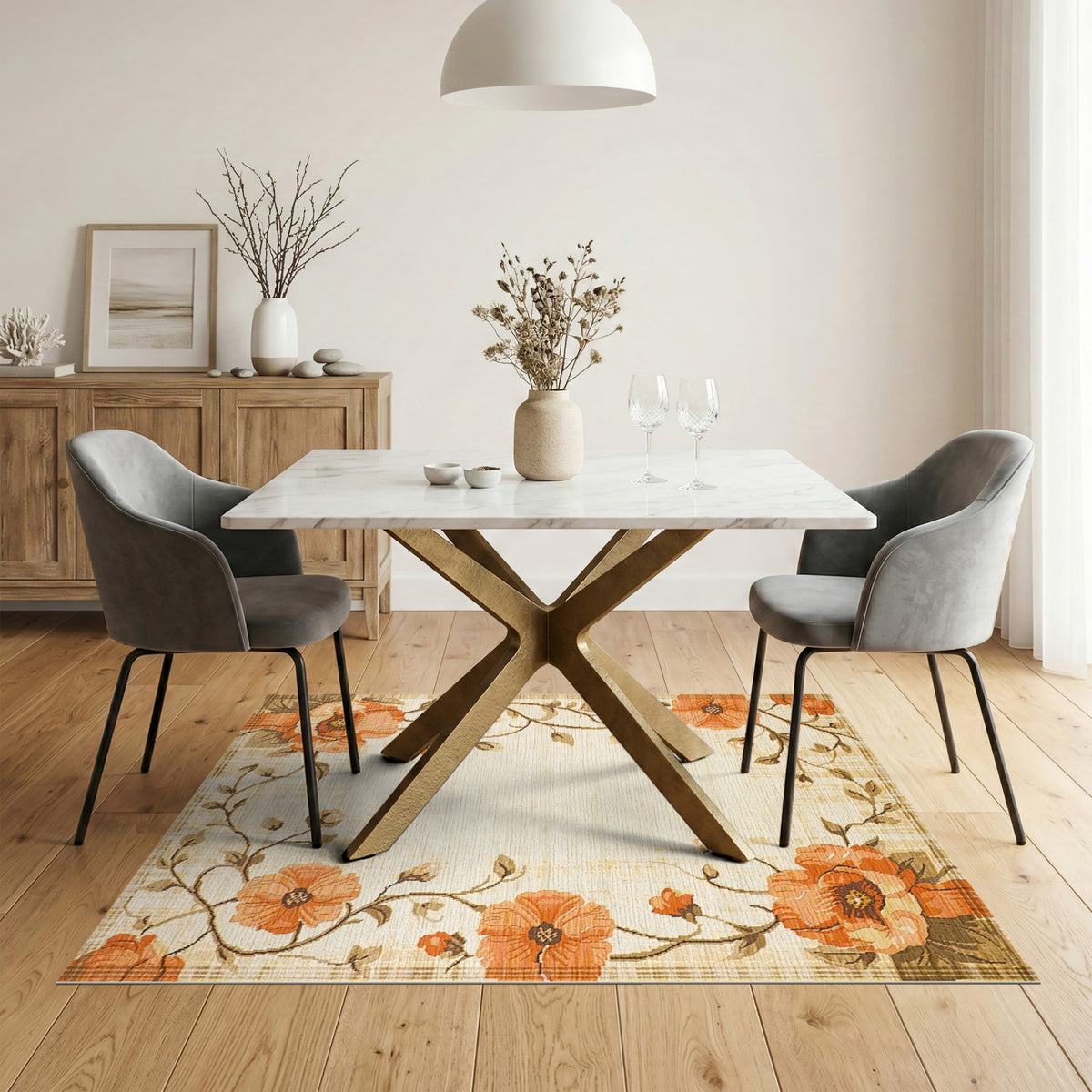 Orange Poppy Floral Vintage Rug