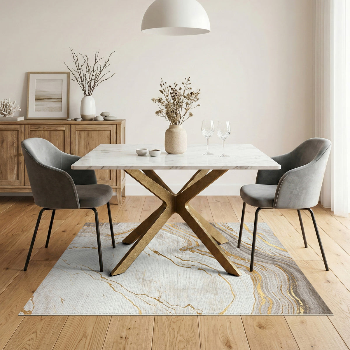 White Gold Marble Swirl Area Rug