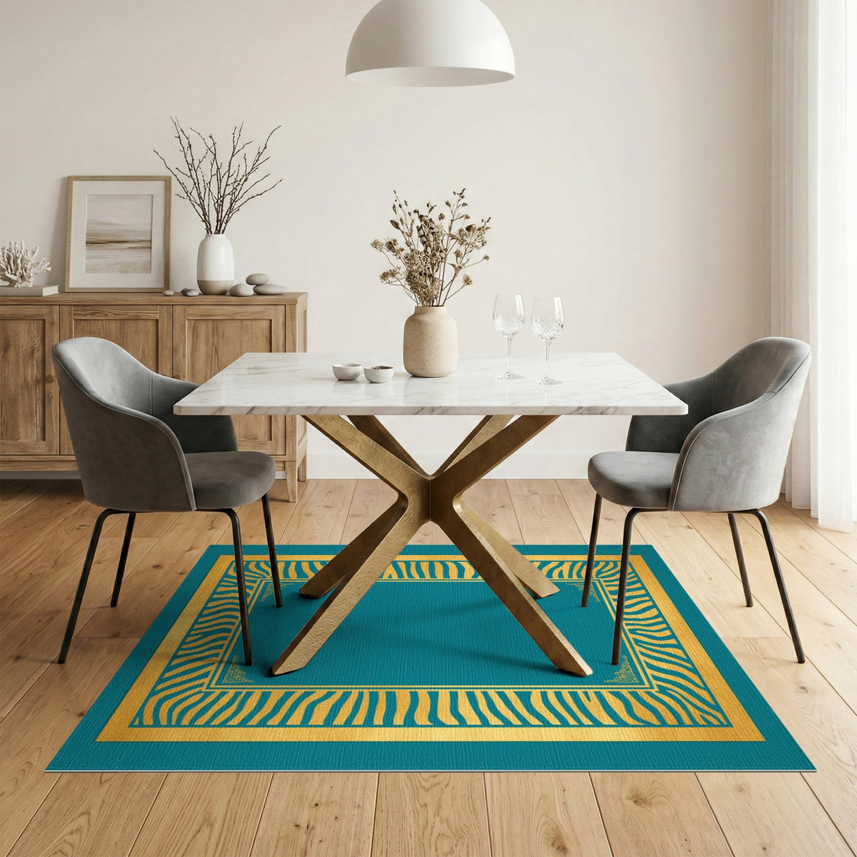 Teal Gold Zebra Border Area Rug