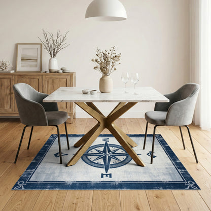 Blue Nautical Compass Washable Area Rug
