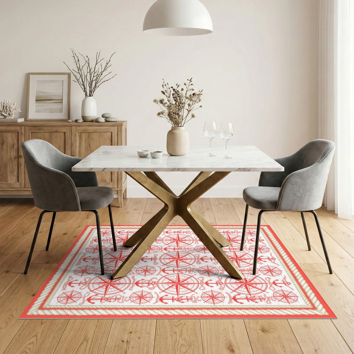 Coastal Beach Red Nautical Anchor Compass Area Rug