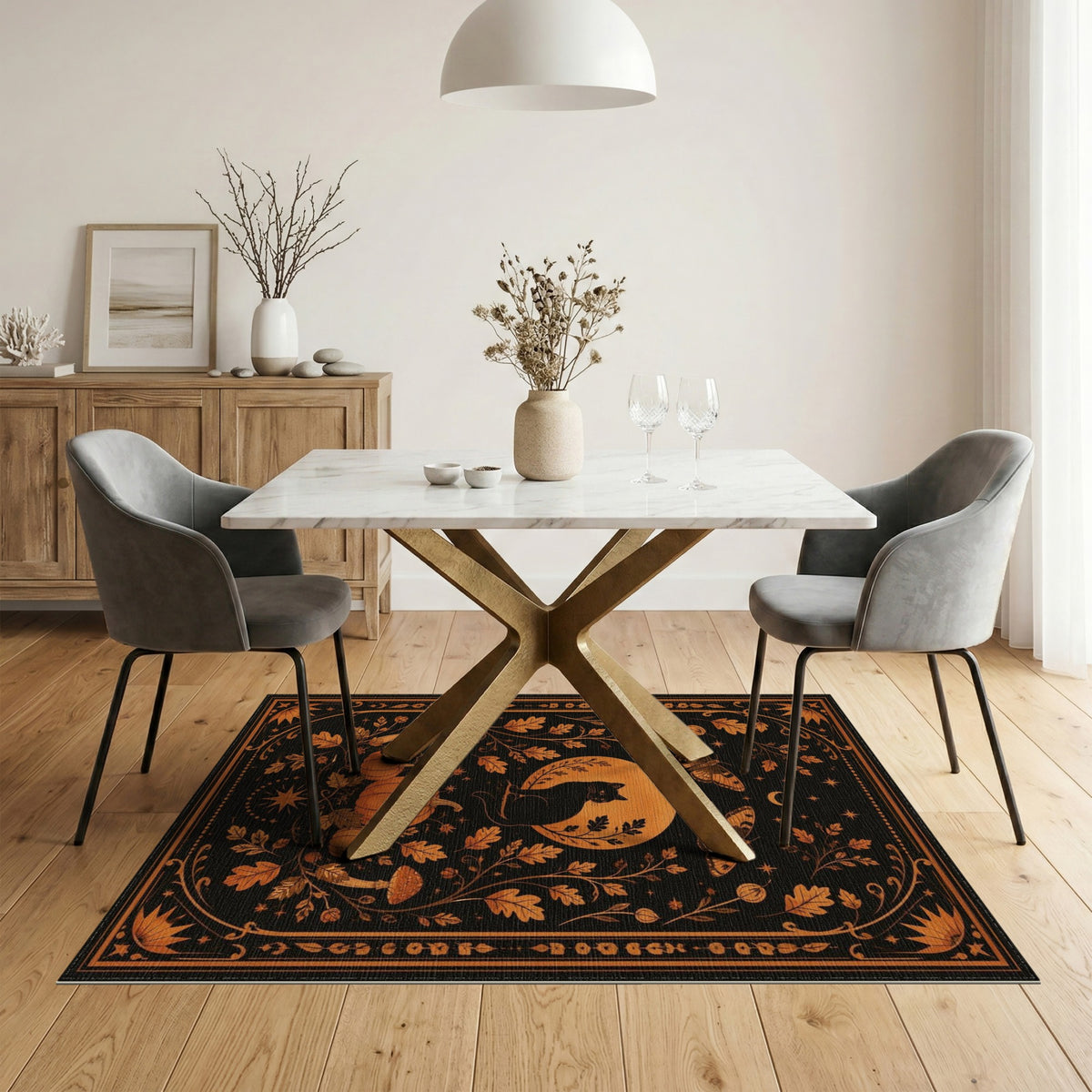 Mystical Black Cat Orange Moon Area Rug