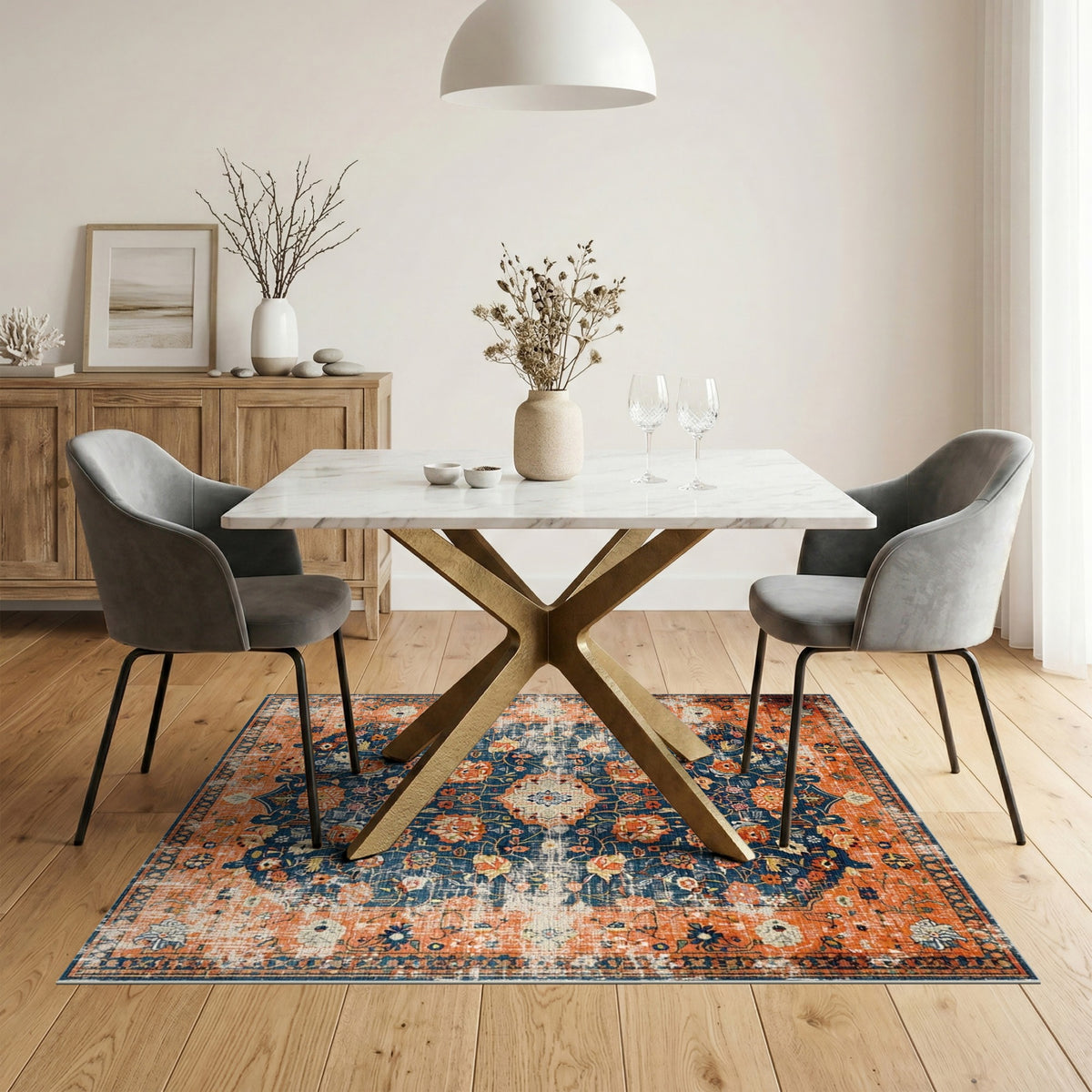 Distressed Orange Floral Vintage Area Rug