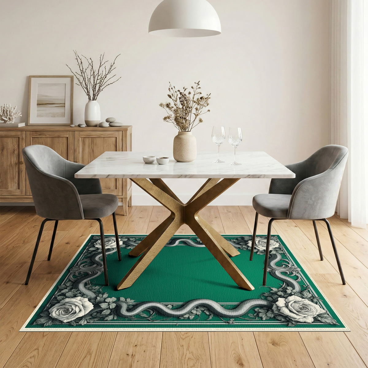 Emerald Green Serpent Rose Vintage Area Rug