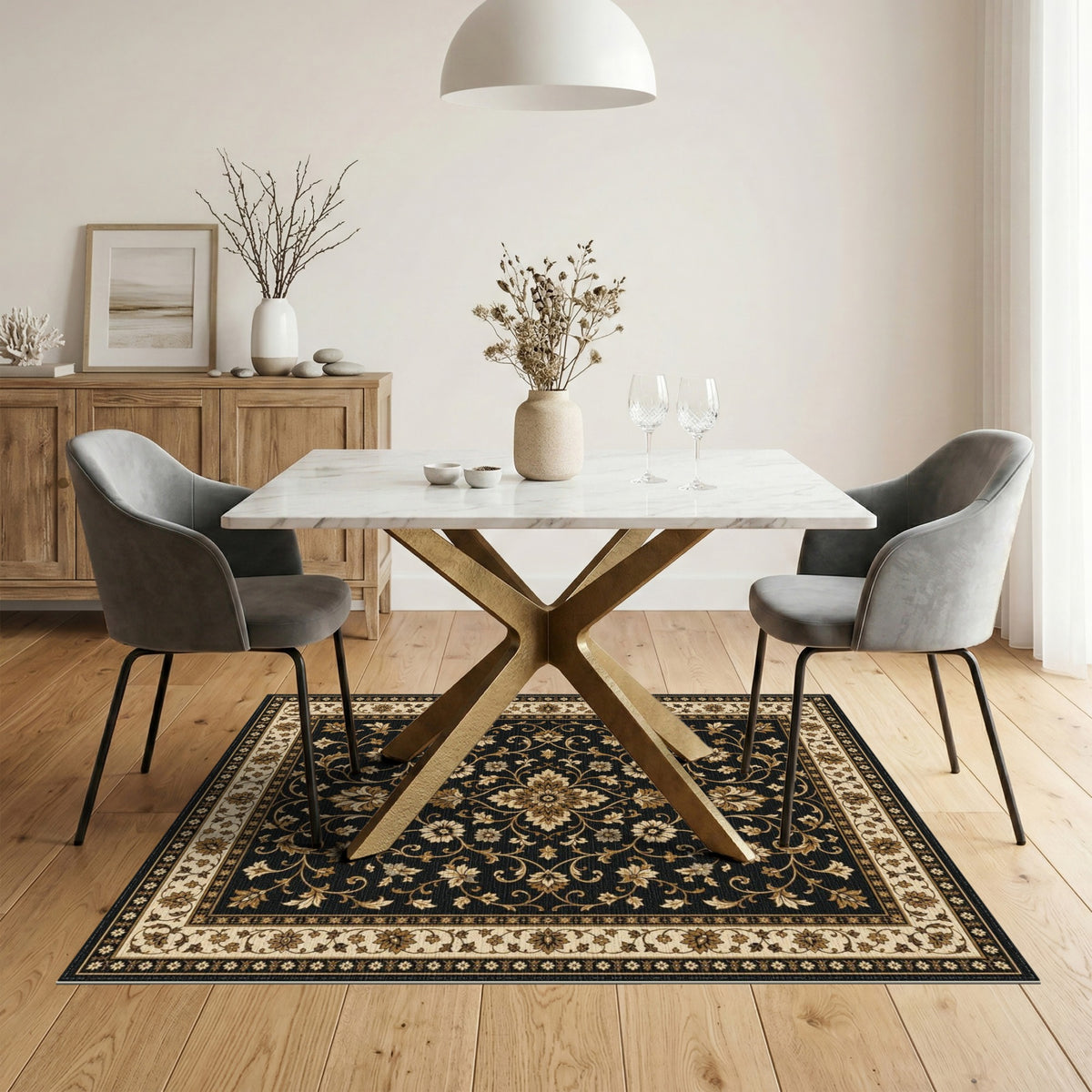 Black Floral Medallion Area Rug