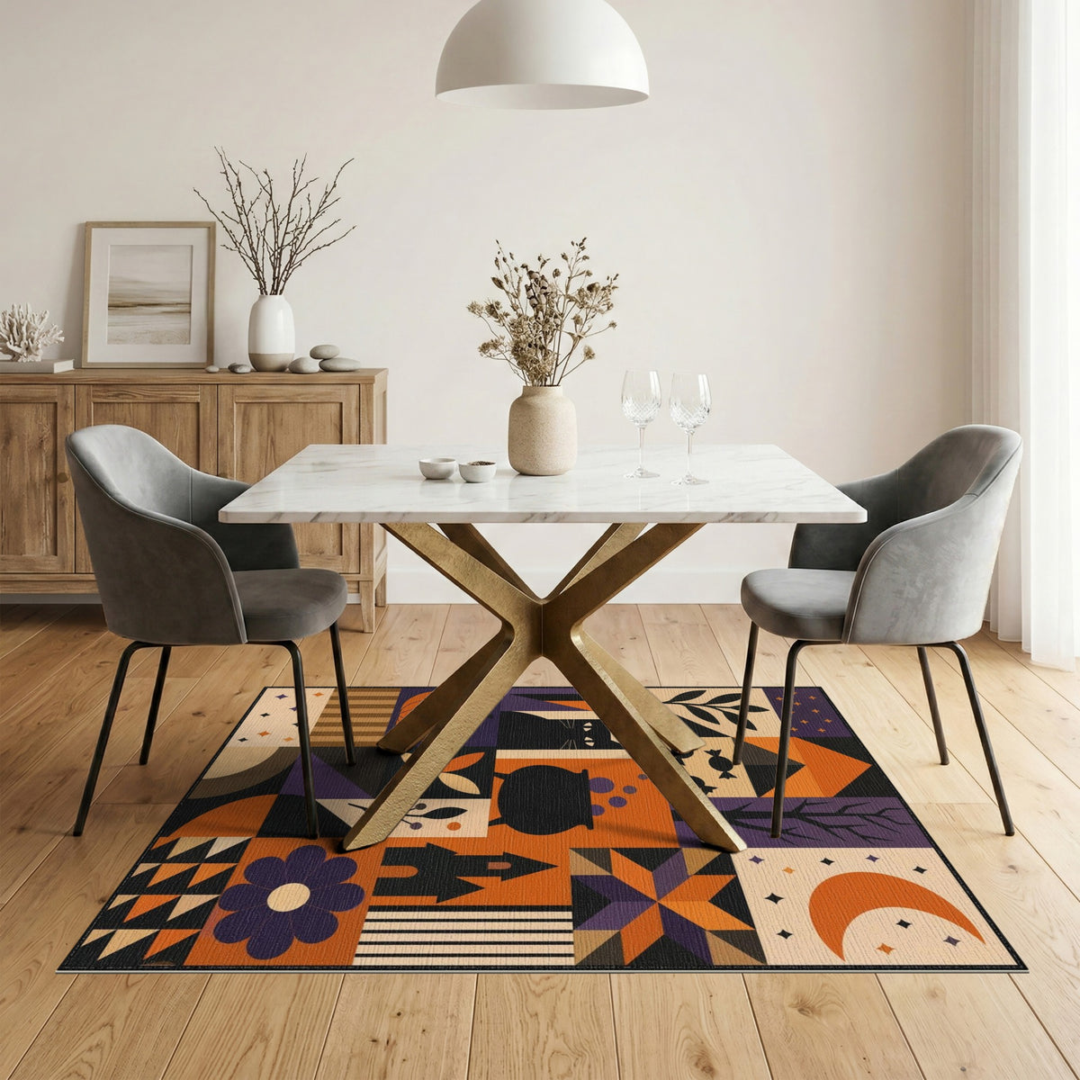 Halloween Geometric Black Cat Area Rug
