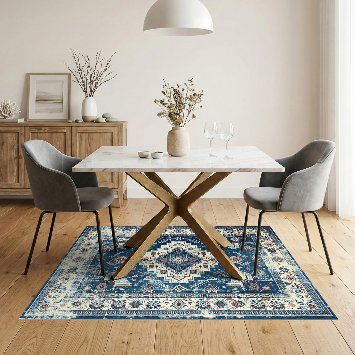 Blue and Teal Blue Distressed Tribal Area Rug